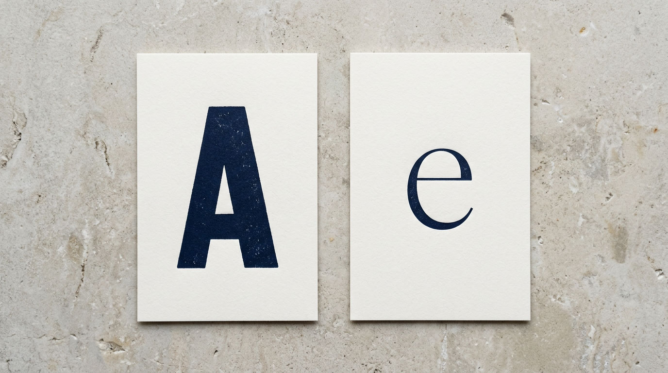 Two printed cards showing a bold heading letterform beside a lighter body letterform